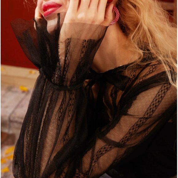 Black Tie Neck See-Through Blouse - Picture 2 of 5